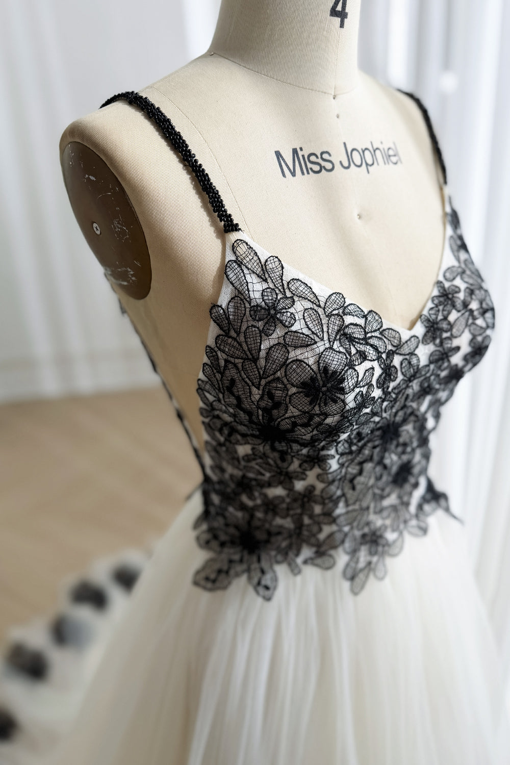 Ivory Tulle Dress Black Lace Appliqué Wedding Gown A-Line Custom Color / Floor Length / US12