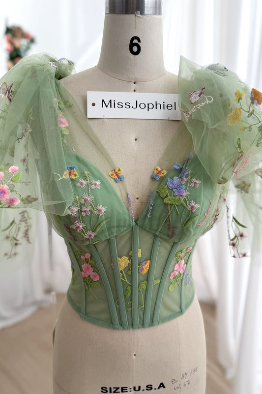 Sage Green Floral Embroidered Corset Top with Draped Tulle Sashes