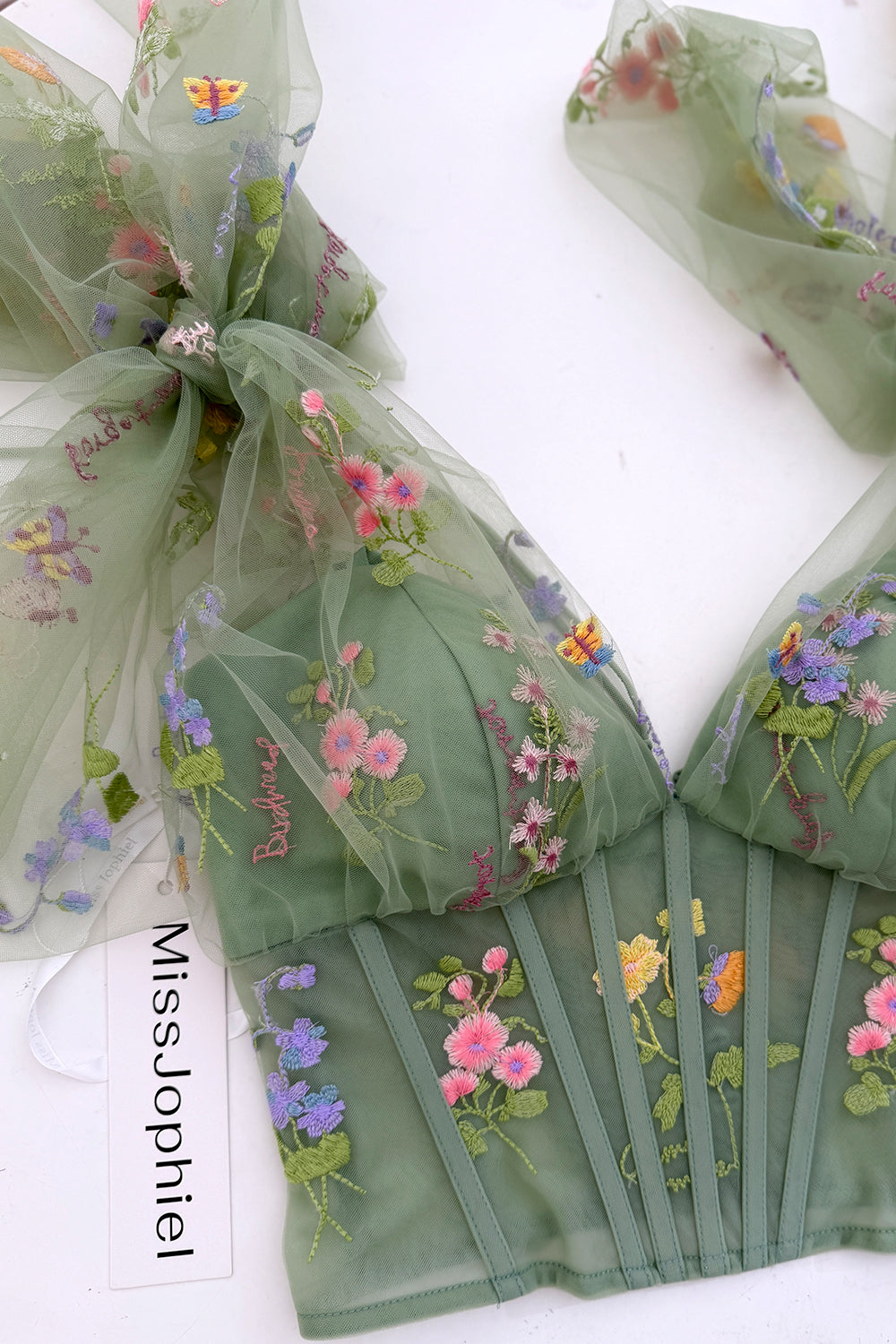 Sage Green Floral Embroidered Corset Top with Draped Tulle Sashes