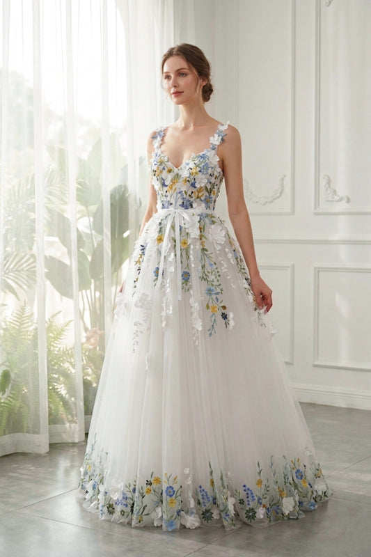 Blue Wildflower Embroidered 3D Floral Tulle A-Line Wedding Dress with Lace-Up Back