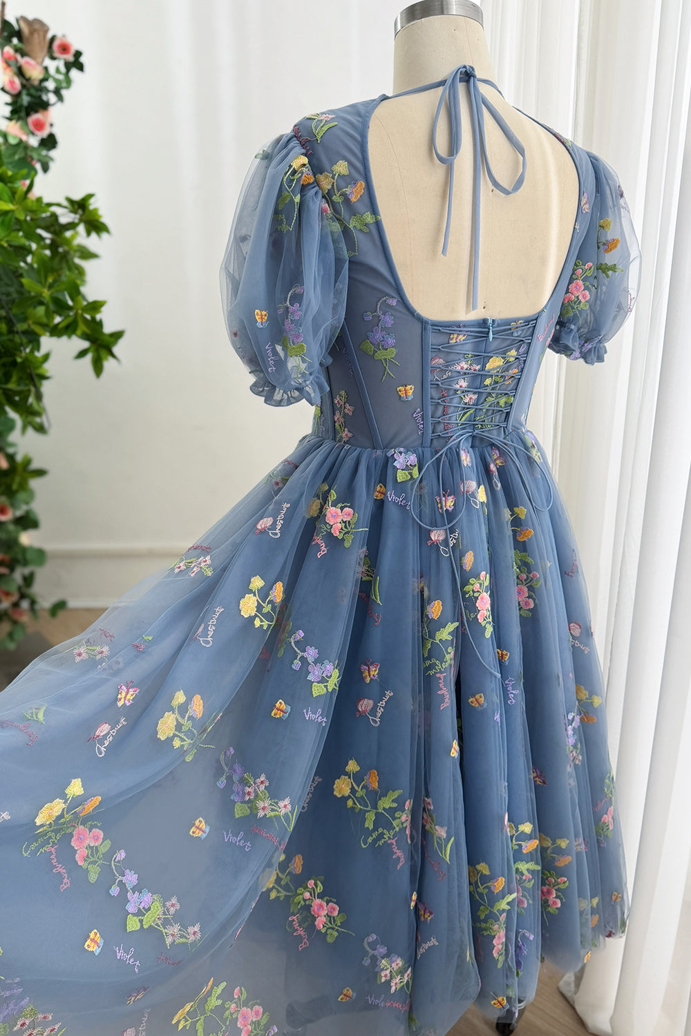 Steel Blue Floral Embroidered Tulle Midi Dress with Puff Sleeves