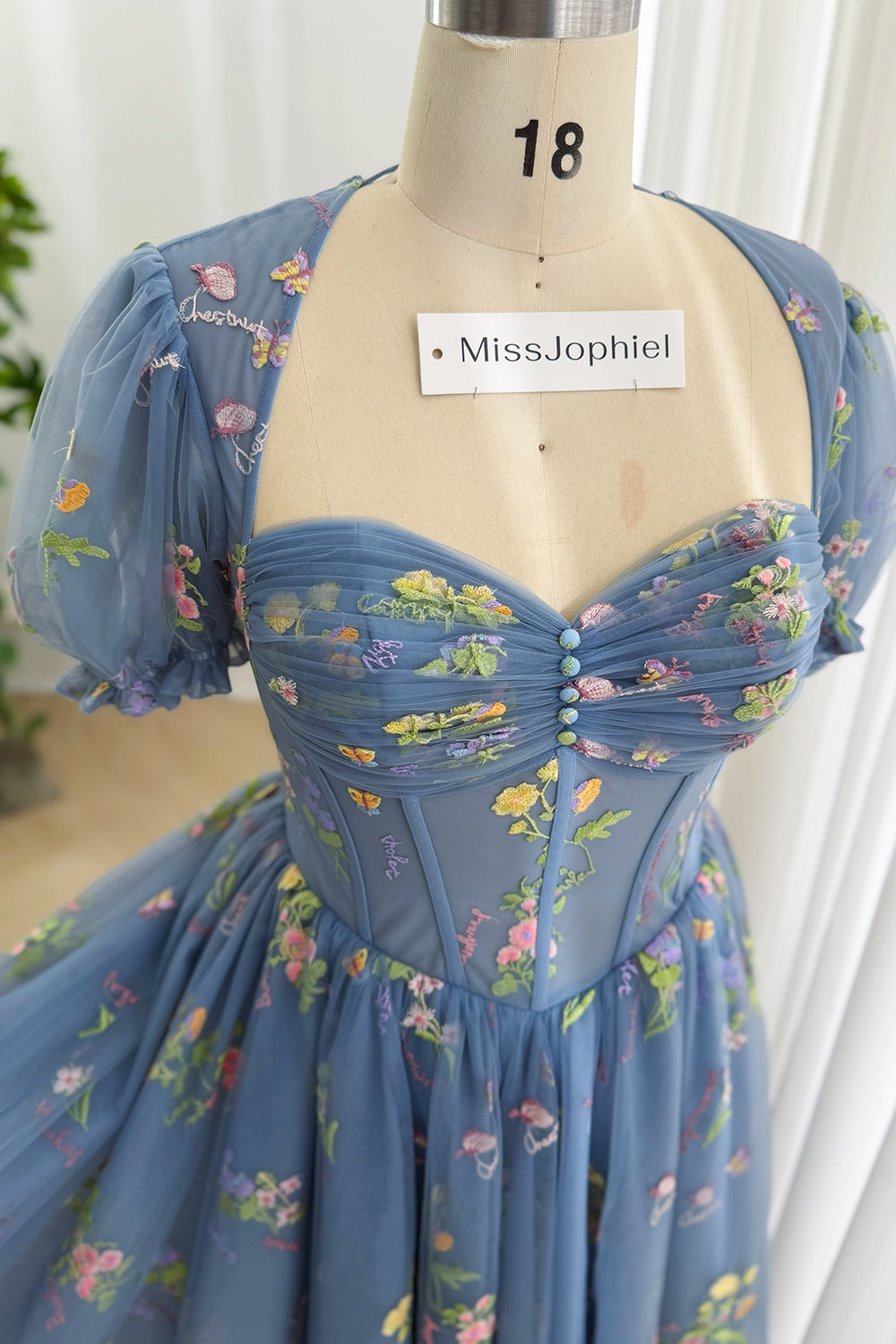 Plus Size Steel Blue Floral Embroidered Tulle Midi Prom Dress with Puff Sleeves Wedding Party Dress