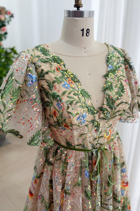 Wildflower Sequin Tulle Dress with Flutter Sleeves