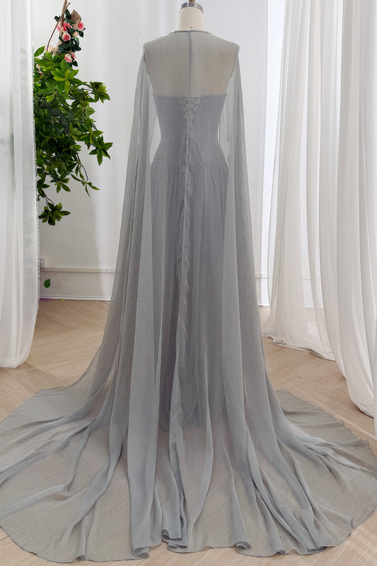 MissJophiel Elegant Silver A Line Evening Gown with Beaded Embroidery and Matching Chiffon Cape