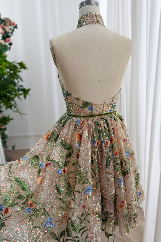 Garden Embroidered Sequin Tulle Short Dress with Lace-Up Back