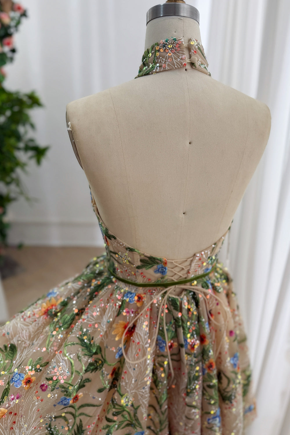 Garden Embroidered Sequin Tulle Short Dress with Lace-Up Back