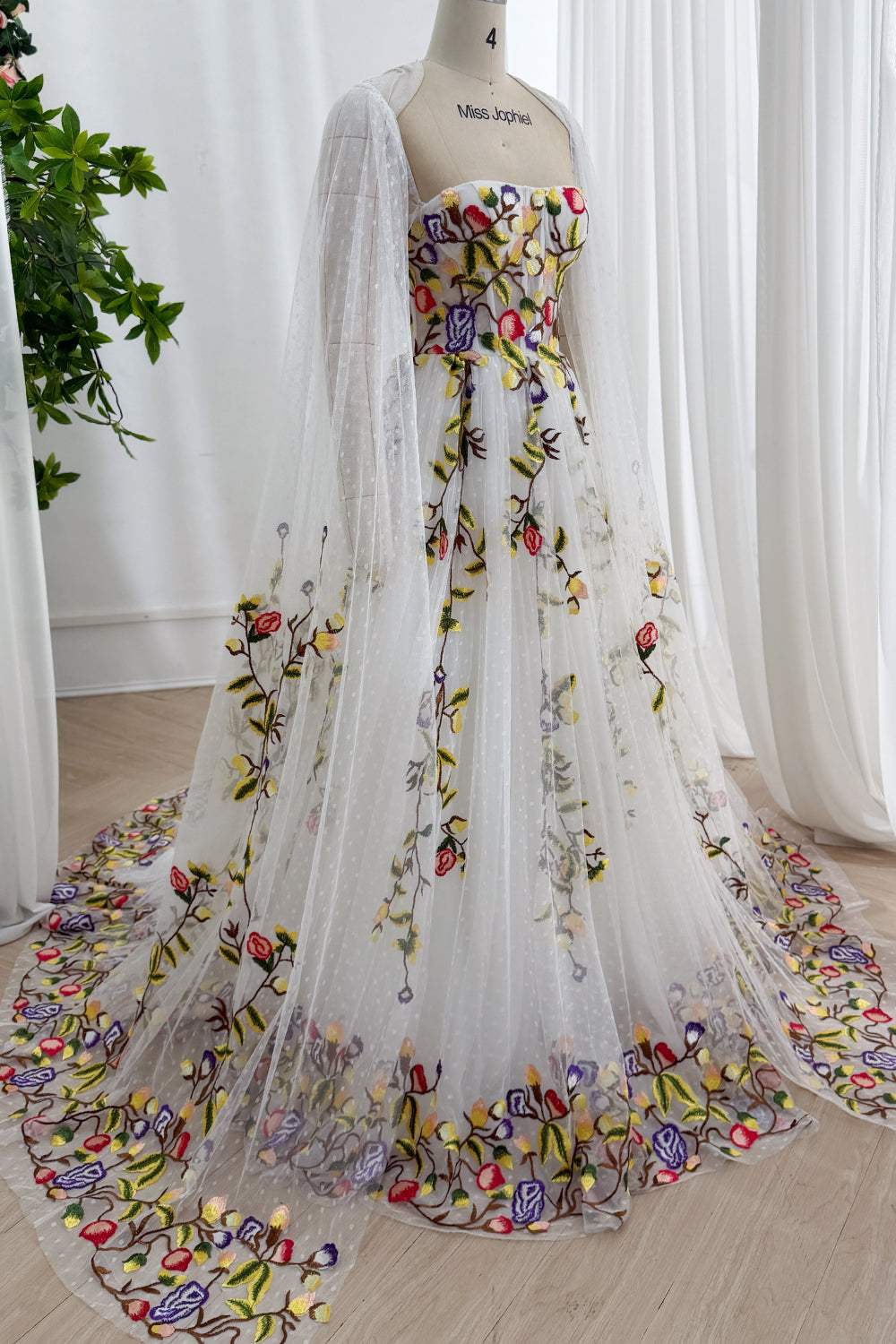 Corset Colorful Floral Embroidery Wedding Dress with Cape