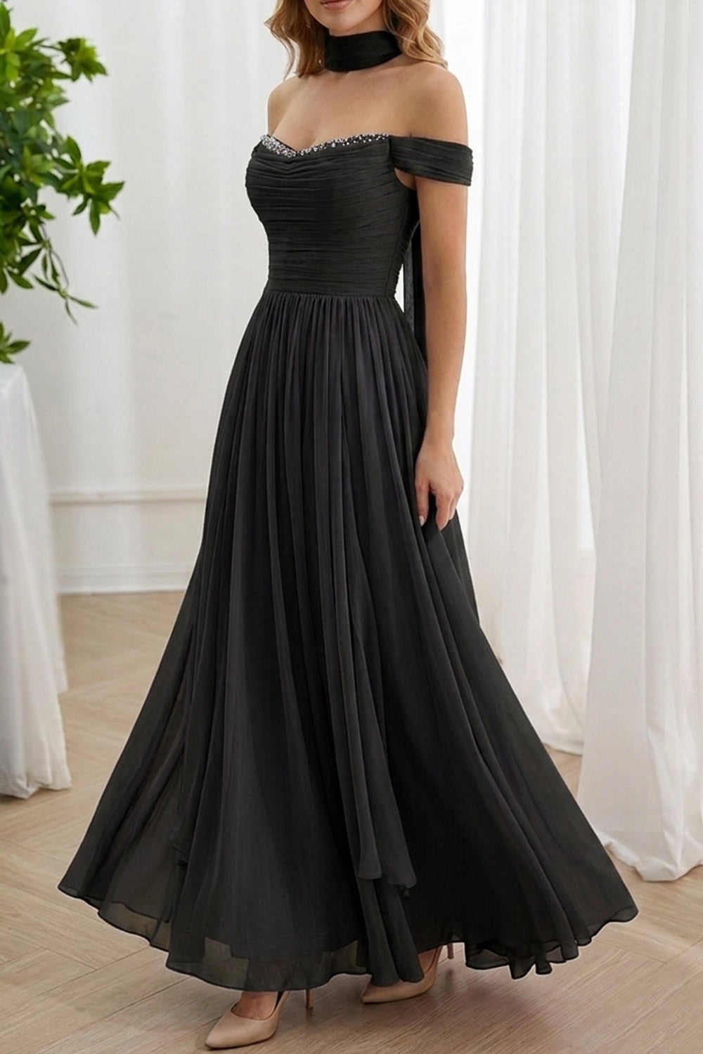 Wisteria Off Shoulder Chiffon Gown with Crystals and Sash
