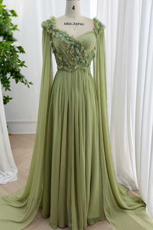 Full-length moss chiffon formalwear displaying flowing skirt, sheer arm drapes, embroidered waist, ethereal ceremony appeal