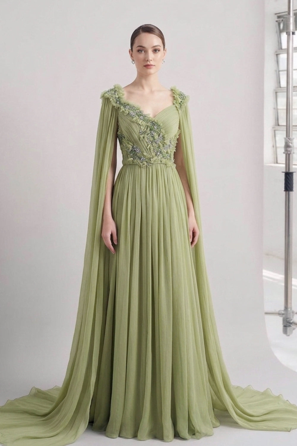 Sage Green 3D Floral Beaded Chiffon Cape Sleeve Gown