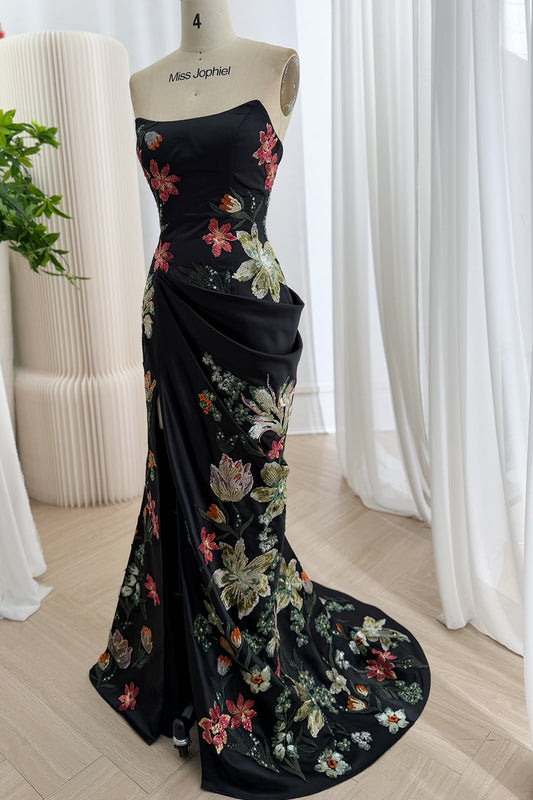 Black Floral Embroidered Strapless Mermaid Prom Dress with Slit