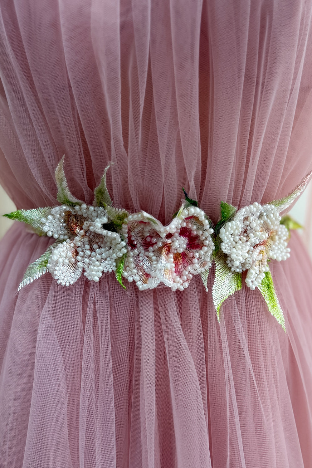 Dusty Rose Floral Beaded Tulle Long Sleeve A-Line Evening Gown