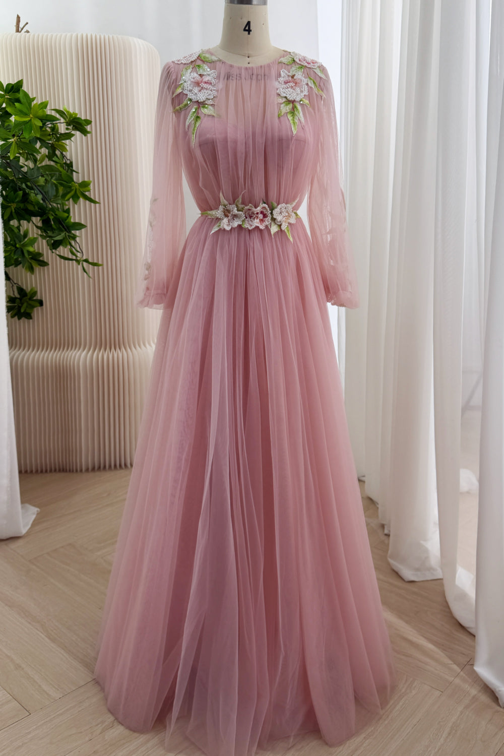 dusty rose floor length dress Ladivine CD997 Size 14 Long Shimmer sheer lace corset Long puff sleeve Slit Formal Gown Yes Models Dress Size Dusty Rose Floral Tulle Evening