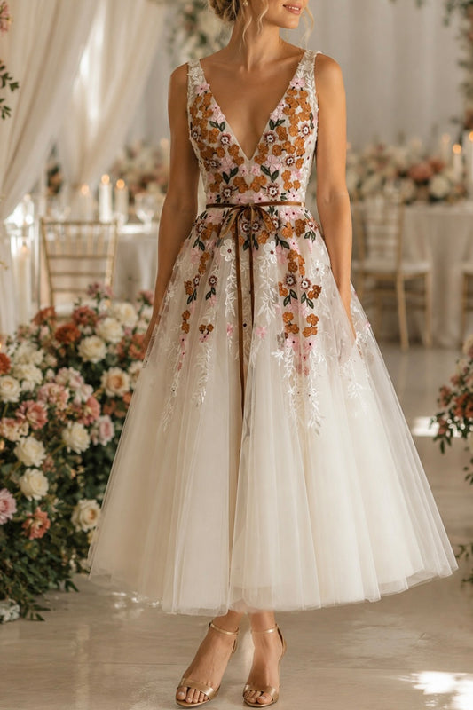 Ivory Tea-Length Floral Embroidered Tulle A-Line Dress