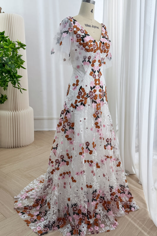Ivory Multicolor Floral Embroidered Floor-Length Gown with Flutter Sleeves