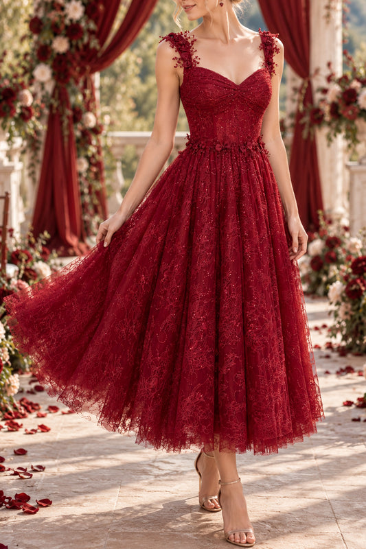 Burgundy Sequin Lace Tea-Length A-Line Dress with 3D Floral Straps