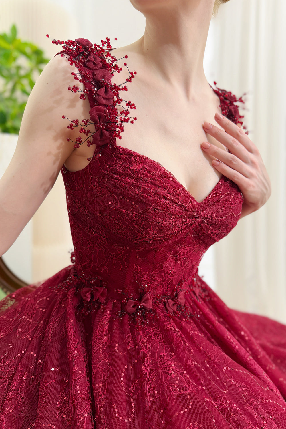 maroon beaded dress Corset Crystals Lace Midi Prom Homecoming prom black dress short LENGTH-MIDI formal events Size:1X (18)