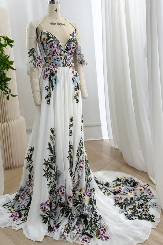 Ivory Floral Embroidered Tulle A-Line Gown with Draped Shoulder Panels
