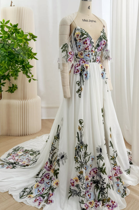 Ivory Floral Embroidered Tulle A-Line Gown with Draped Shoulder Panels