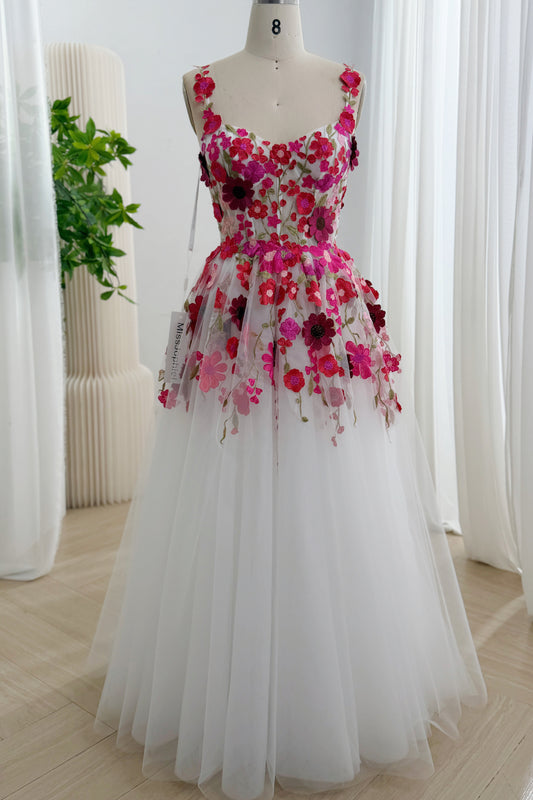 White Floor-Length Floral Embroidered Tulle A-Line Dress with Lace-Up Back