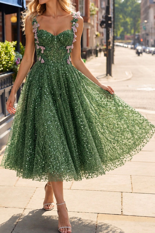 Green Sequin Floral Appliqué A-Line Gown with Lace-Up Back