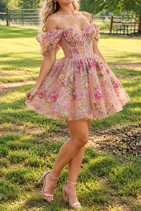 Blush Pink Floral Sequin Off-the-Shoulder Corset Mini Dress
