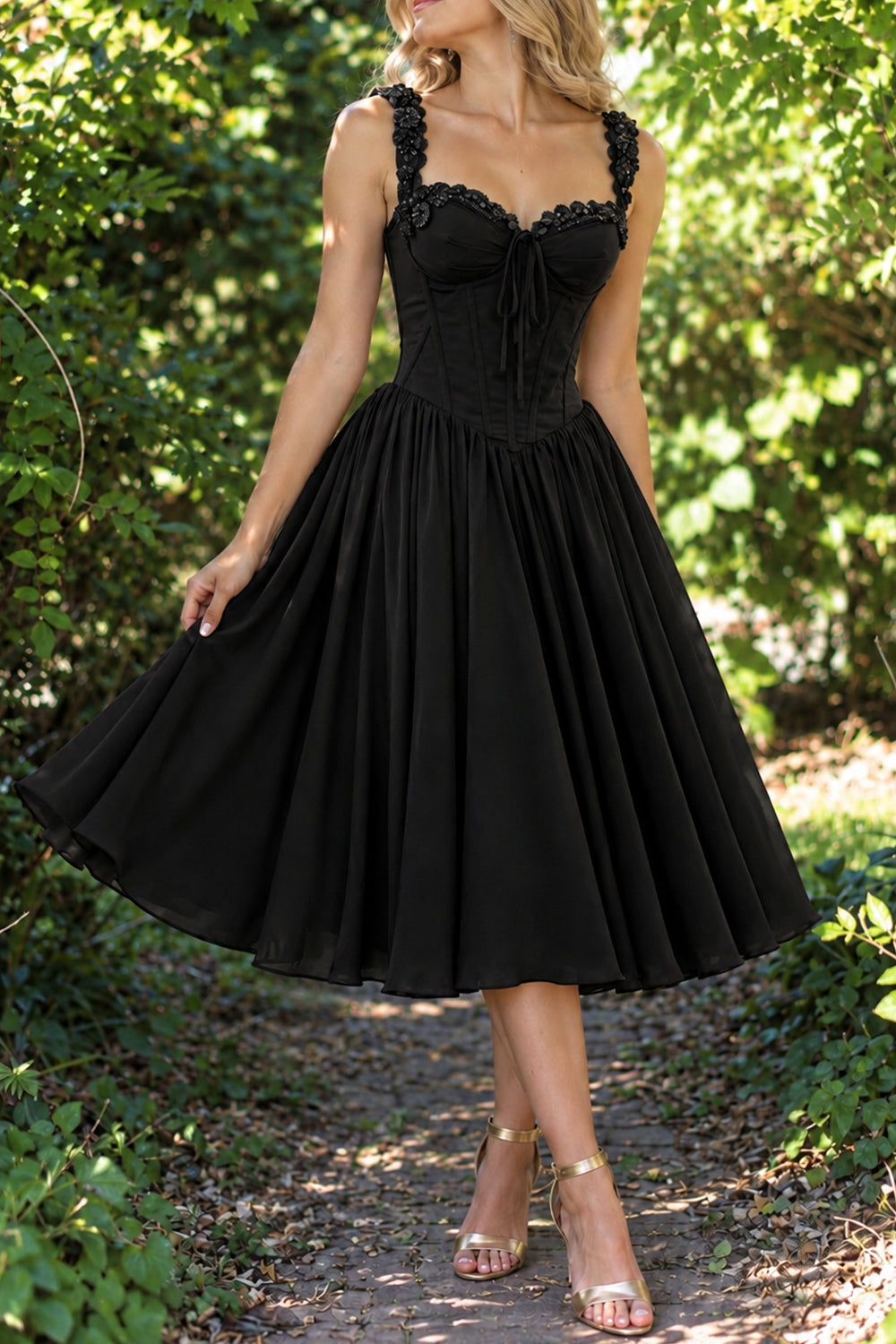 Plum Embellished Sweetheart Corset Tea-Length Dress