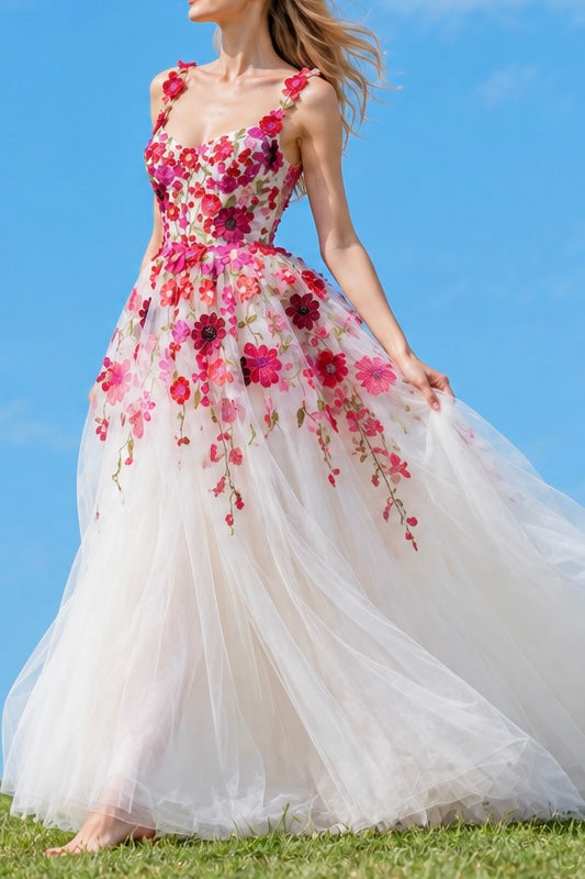 White Floor-Length Floral Embroidered Tulle A-Line Dress with Lace-Up Back