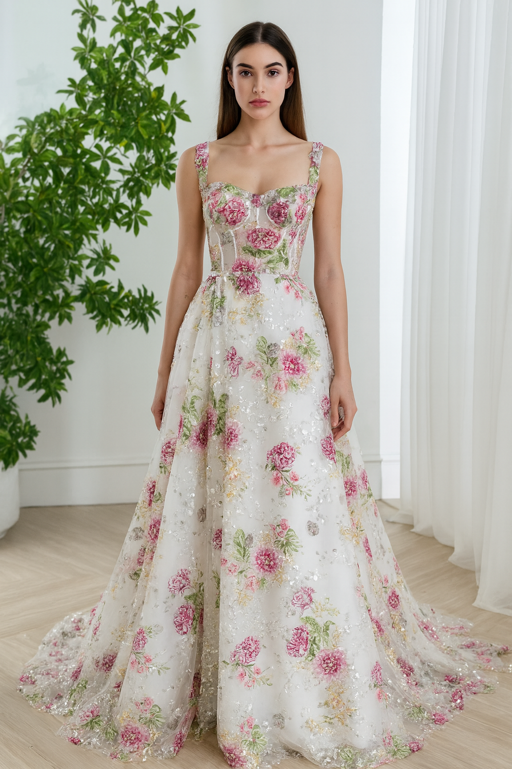 Romantic Floral Sequin Evening Gown