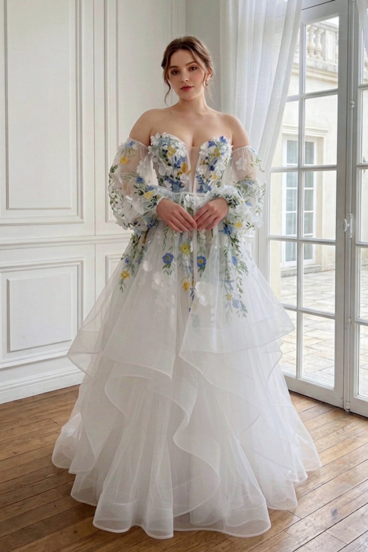 Ivory Floral Embroidered Tulle Wedding Gown with Cascading Ruffle Skirt