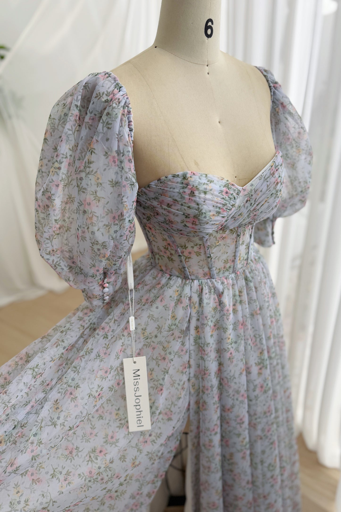 Sage Green Floral Puff Sleeve Corset Gown