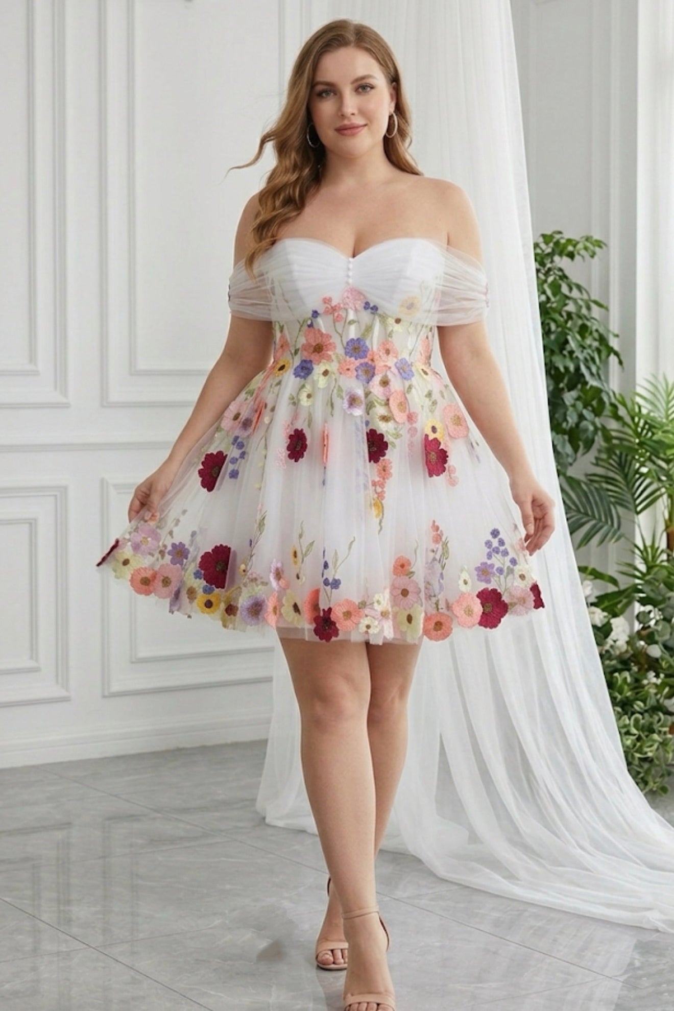 Off the Shoulder Floral Embroidered Tulle Ball Gown with Corset Back