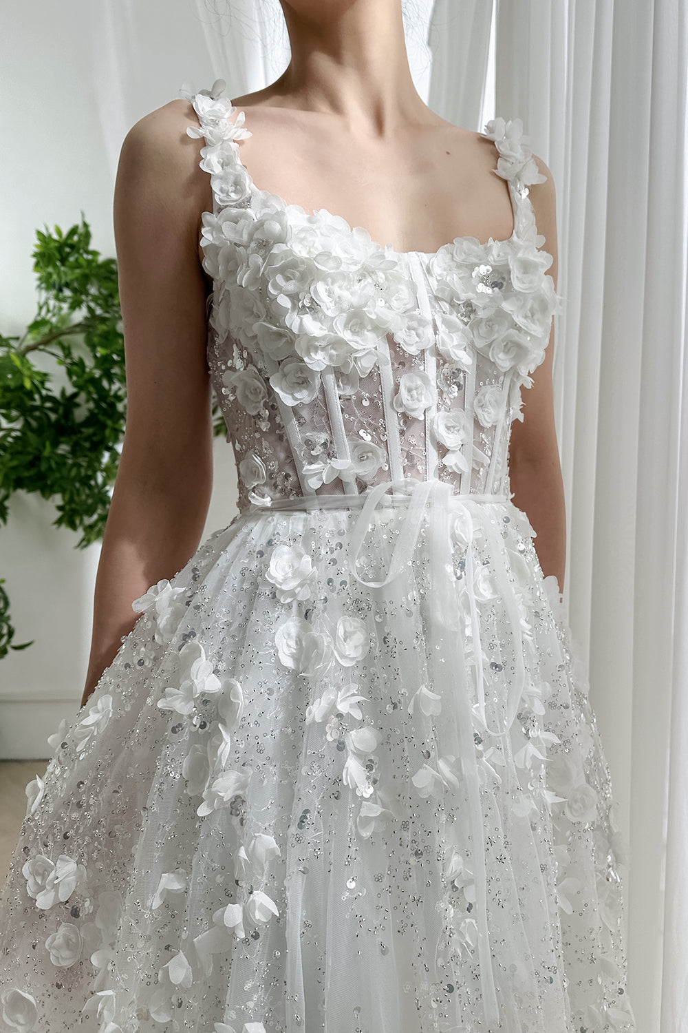 MissJophiel Straps Scoop Neck Corset 3D Floral Sequined Dress