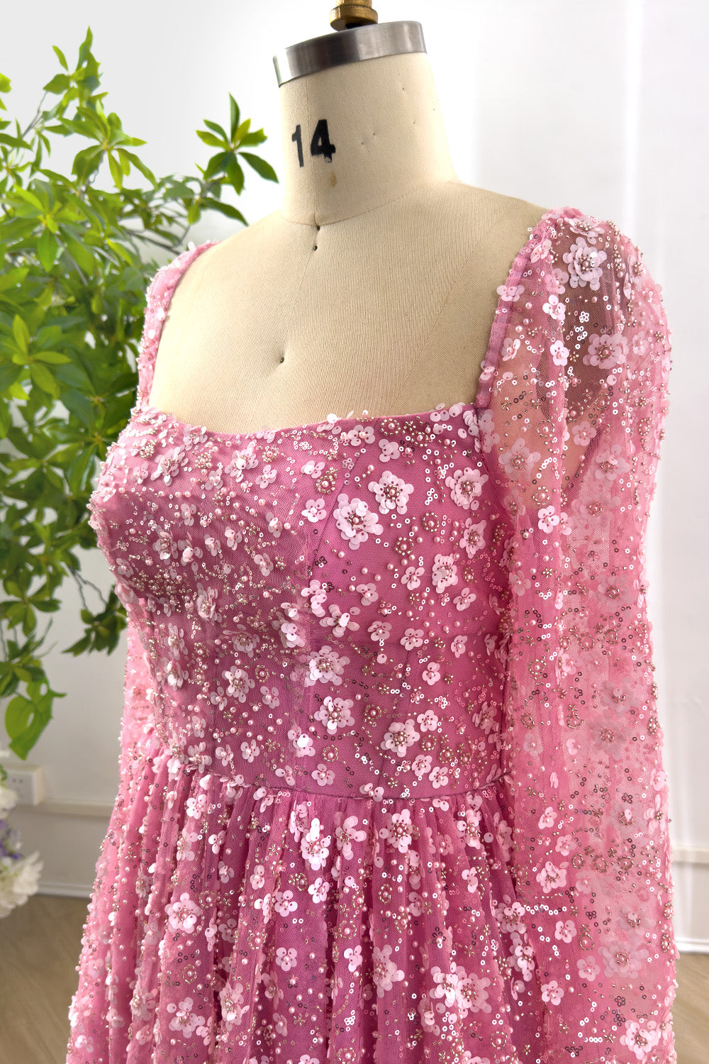Rose Pink Floral Sequin Long Sleeve A-Line Gown MissJophiel Rose Pink Floral Sequin Long Sleeve A-Line Gown MissJophiel