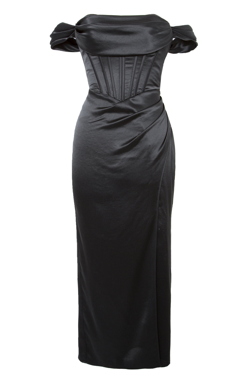 Black Satin Off-Shoulder Corset Evening Dress with Lace-Up Back MissJophiel Black Satin Off-Shoulder Corset Evening Dress with Lace-Up Back MissJophiel