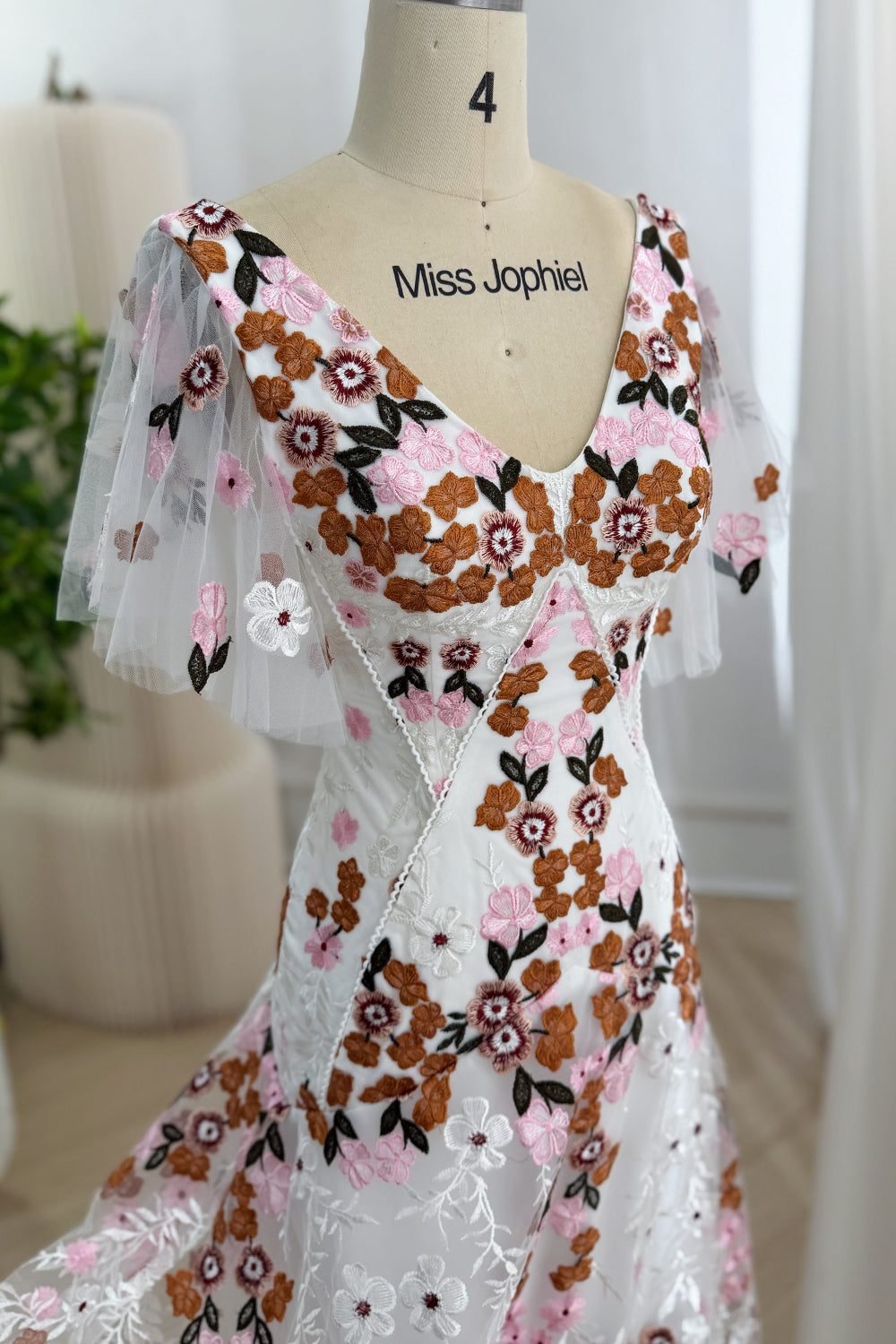 sheer flower embroidered dress Mermaid V Neck Ivory Floral Tulle Wedding Modest Bridal Gown Deadstock tulle fabric with Size:W18-R Shop Women's Summer Dresses 5 Drawer