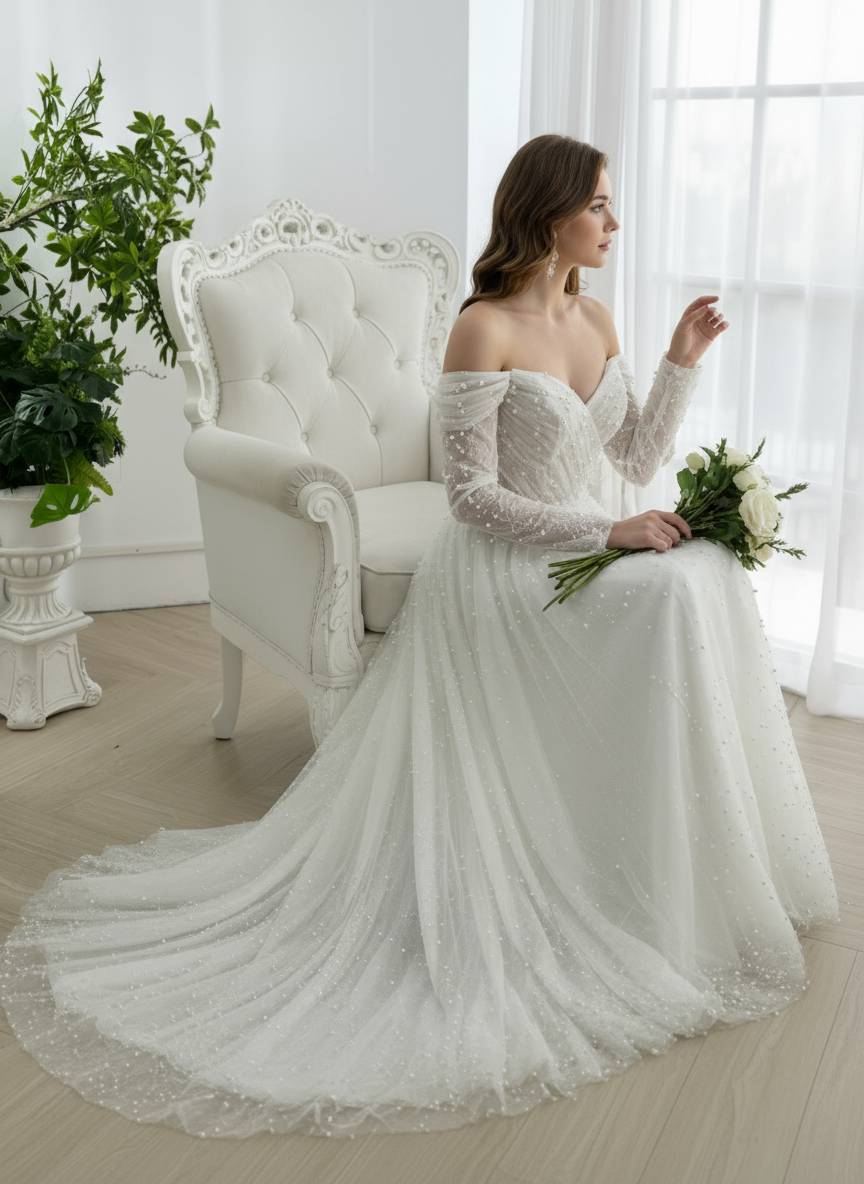 Off-Shoulder Pearl Embellished Lace Wedding Dress