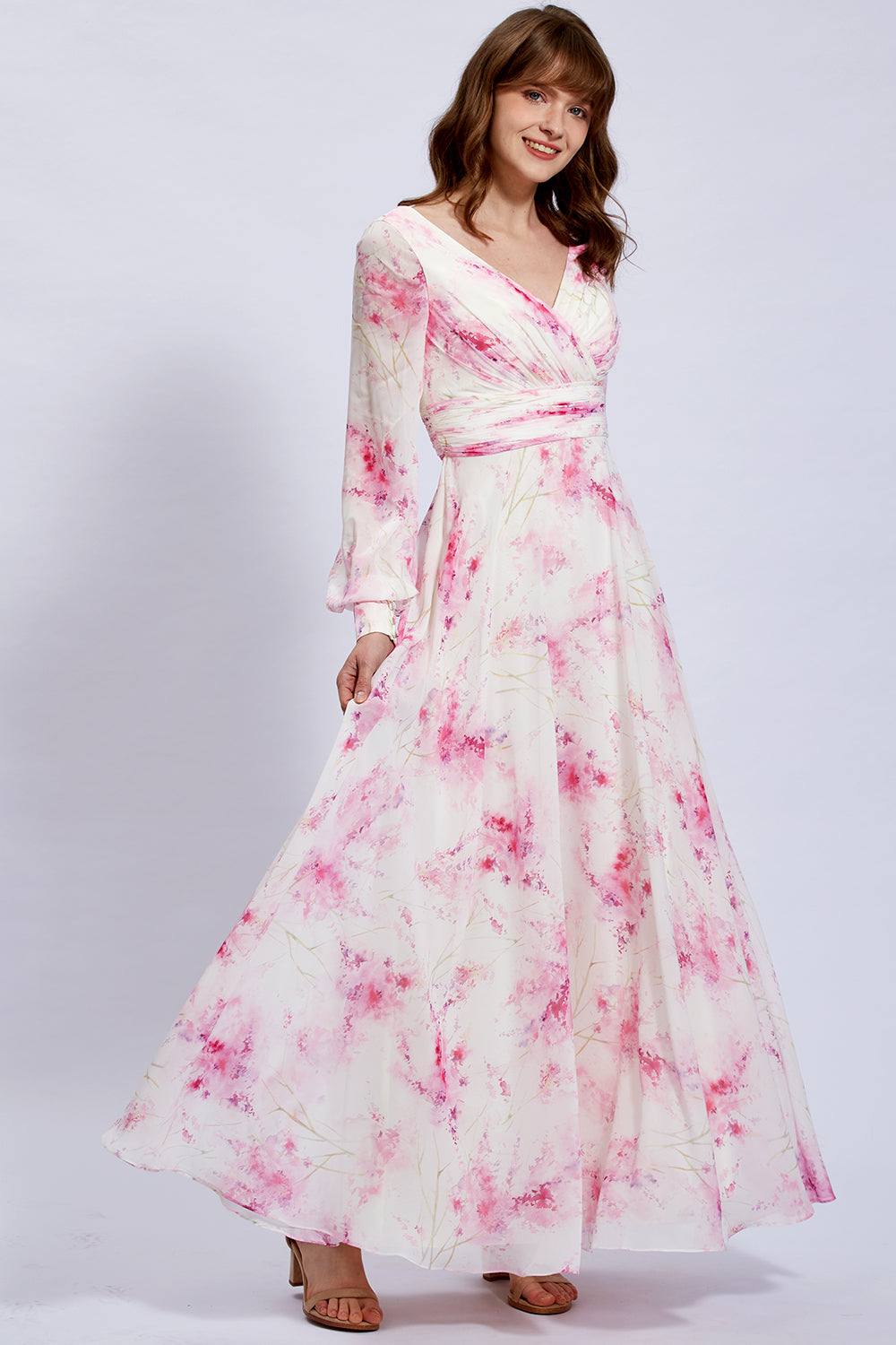 MissJophiel Long Sleeves V Neck Floral Chiffon Pink Maxi Dress Formal Evening Gown Other / Tea Length / US18W MissJophiel Long Sleeves V Neck Floral Chiffon Pink Maxi Dress Formal Evening Gown Other / Tea Length / US18W