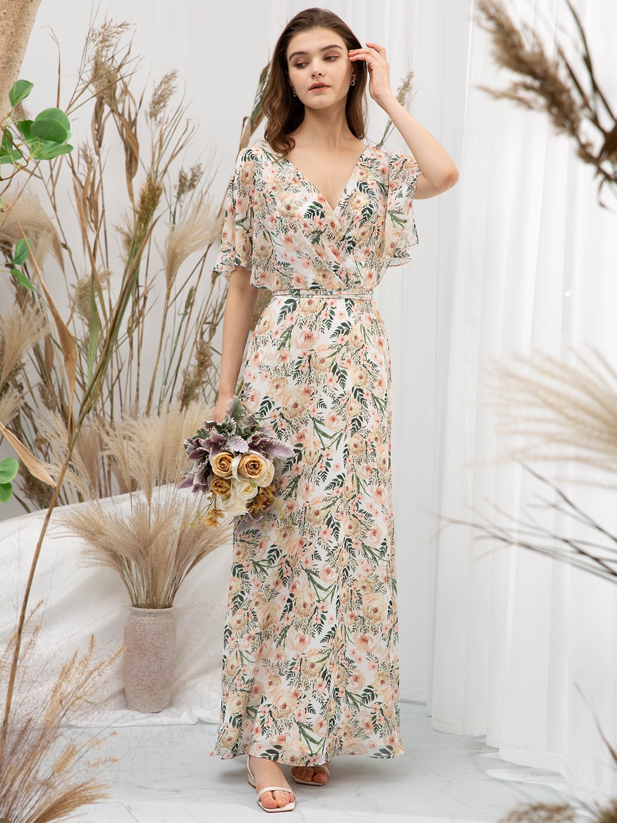khaki chiffon dress MissJophiel Women Bat Sleeves V Neck Chiffon Print Floral Khaki Floor Length Formal Gown Khaki / Tea Length / US16