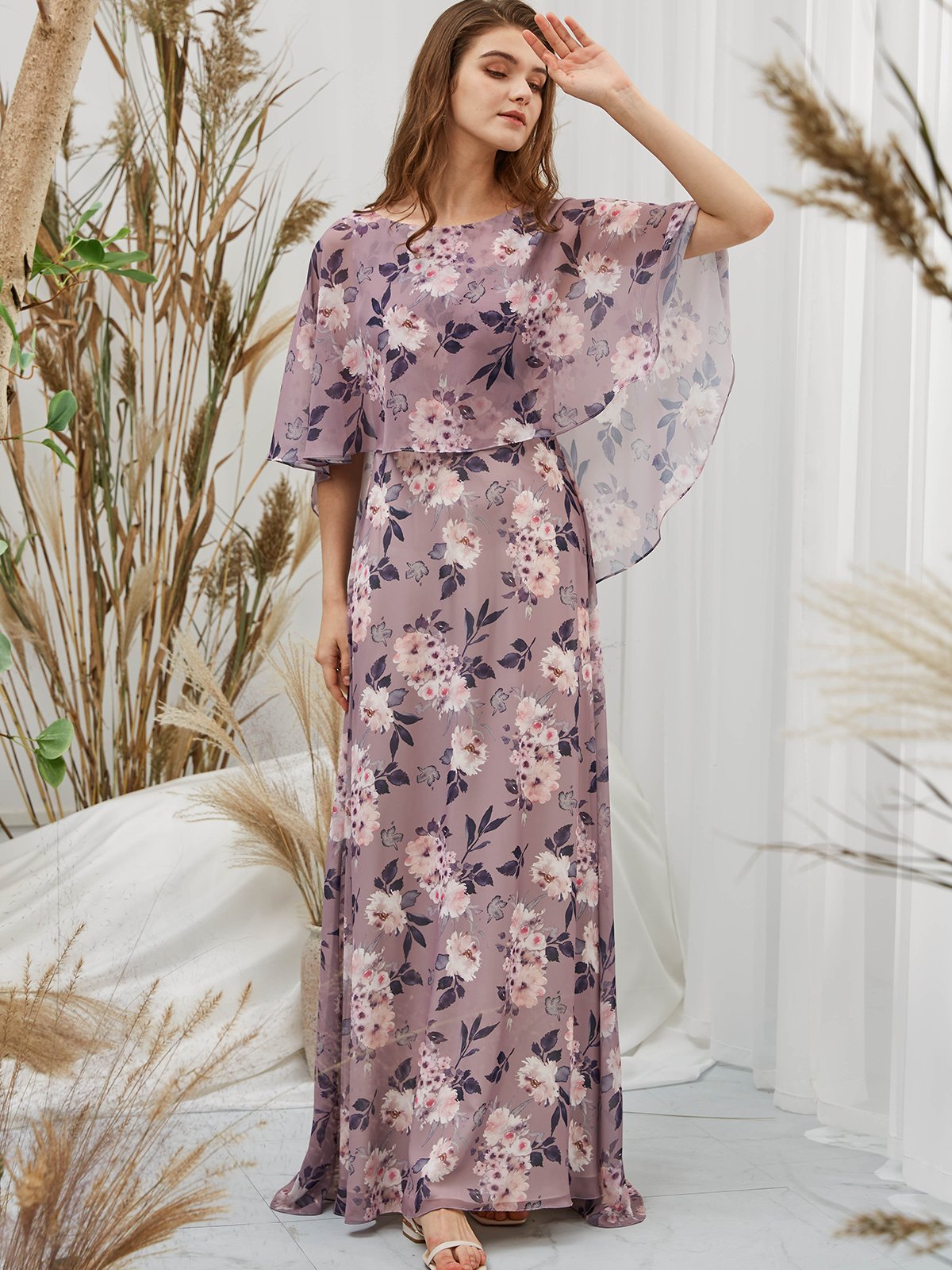 Cape Sleeves Boat Neck Chiffon Print Floral Wisteria Floor Length Formal Evening Gown