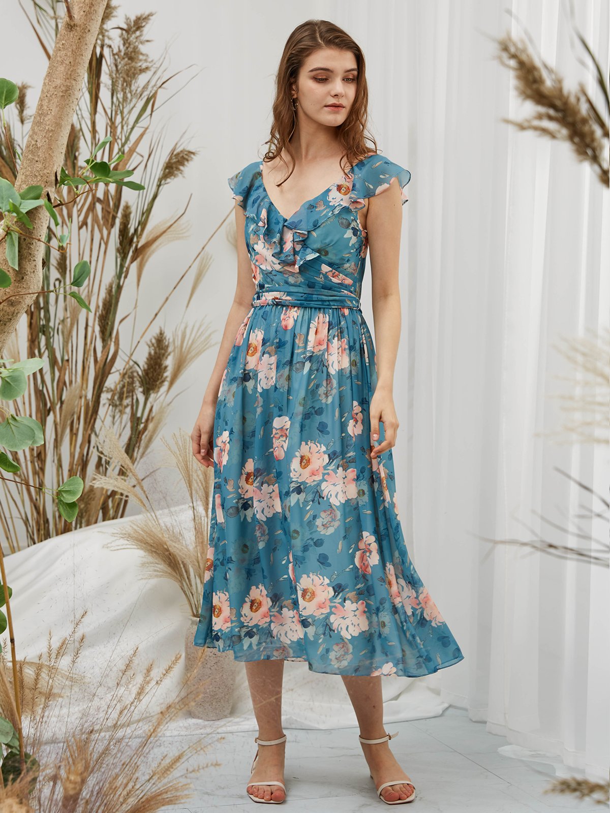 MissJophiel Women Straps V Neck Chiffon Print Floral Teal Midi Tea