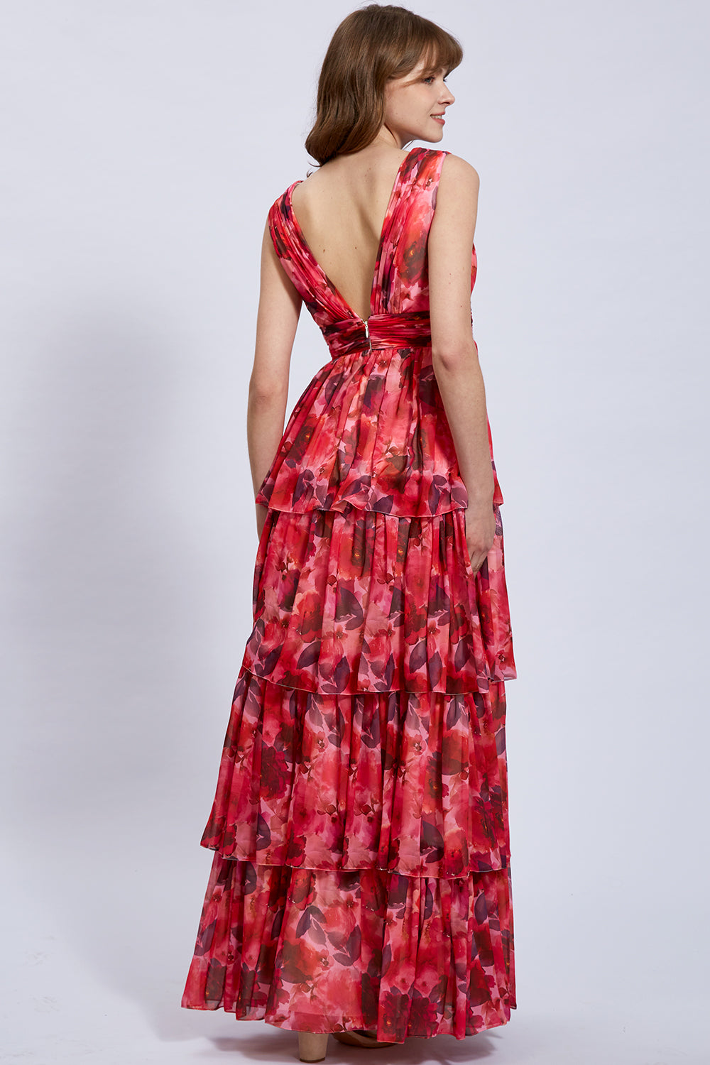 Vestido formal maxi de gasa con tirantes, escote en V y estampado floral