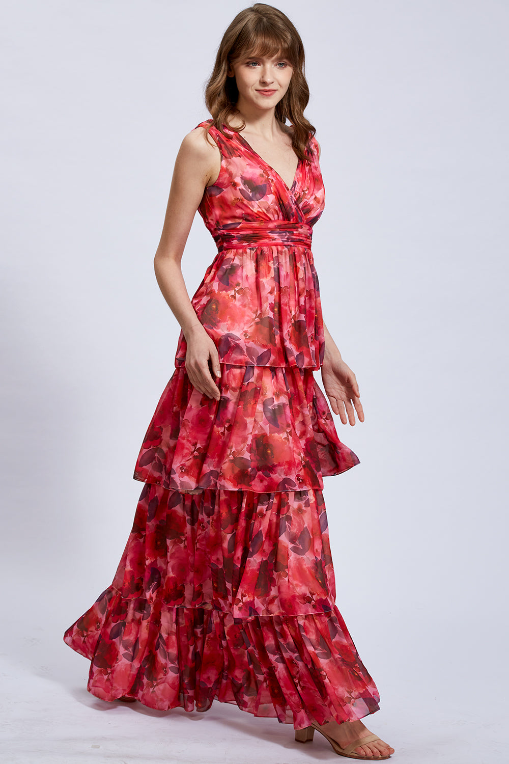 MissJophiel Straps V Neck Floral Chiffon Red Maxi Tiered Prom Formal Evening Gown Red / Tea Length / US12 MissJophiel Straps V Neck Floral Chiffon Red Maxi Tiered Prom Formal Evening Gown Red / Tea Length / US12