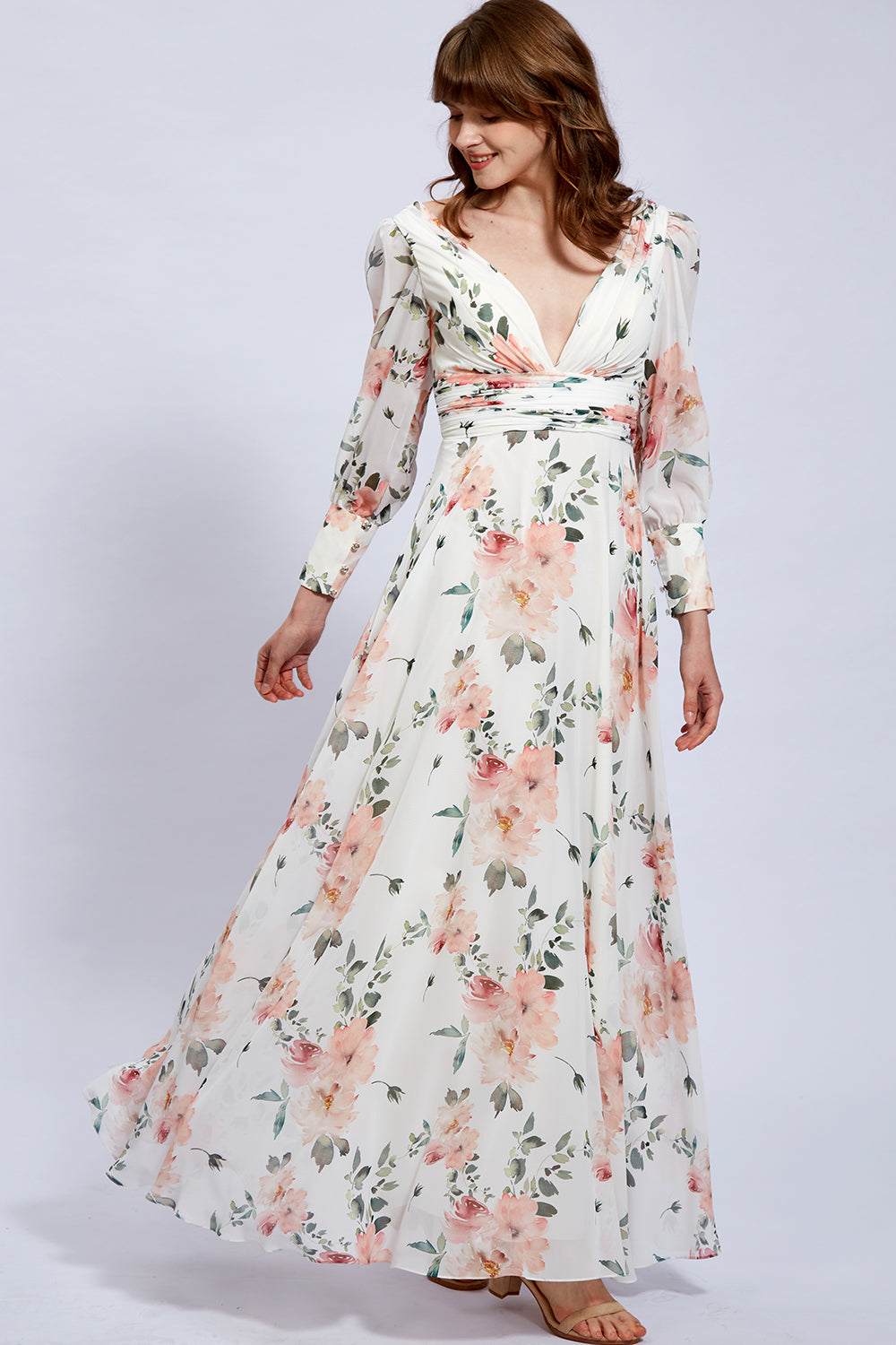 MissJophiel Women Long Sleeves V Neck Floral Chiffon Maxi Dress Formal