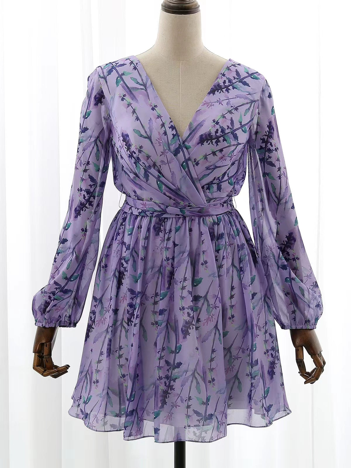 MissJophiel Long Sleeves V Neck Floral Chiffon Purple Mini Dress Wedding Guest Evening Gown Purple / Above Knee / US20W MissJophiel Long Sleeves V Neck Floral Chiffon Purple Mini Dress Wedding Guest Evening Gown Purple / Above Knee / US20W