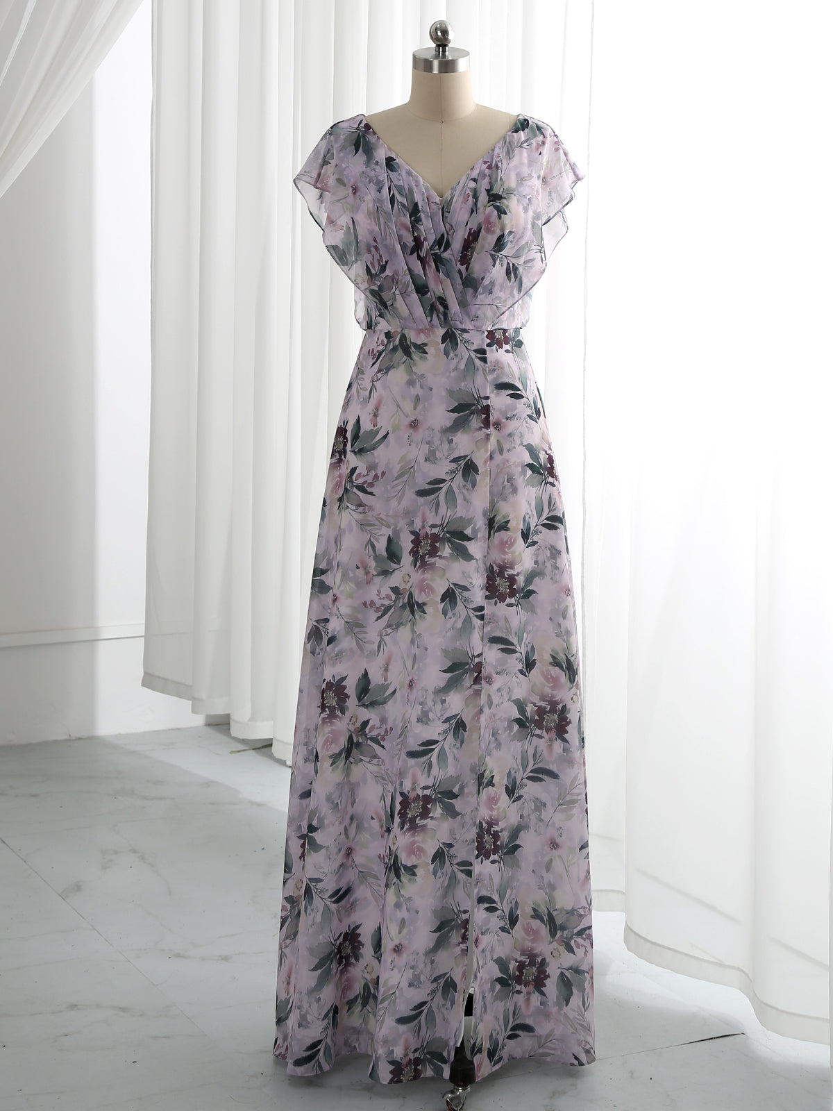 MissJophiel Bat Sleeves V Neck Floral Chiffon Wisteria Prom Dress Wedding Guest Evening Gown Wisteria / Tea Length / US4 MissJophiel Bat Sleeves V Neck Floral Chiffon Wisteria Prom Dress Wedding Guest Evening Gown Wisteria / Tea Length / US4