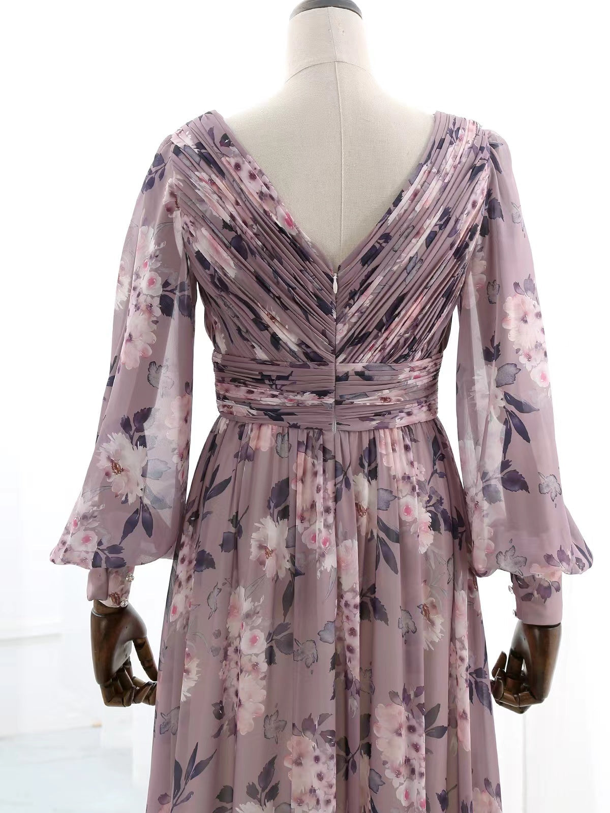 Vestido de noche con mangas largas abullonadas, cuello en V, de gasa floral y glicina, vestido de invitada de boda