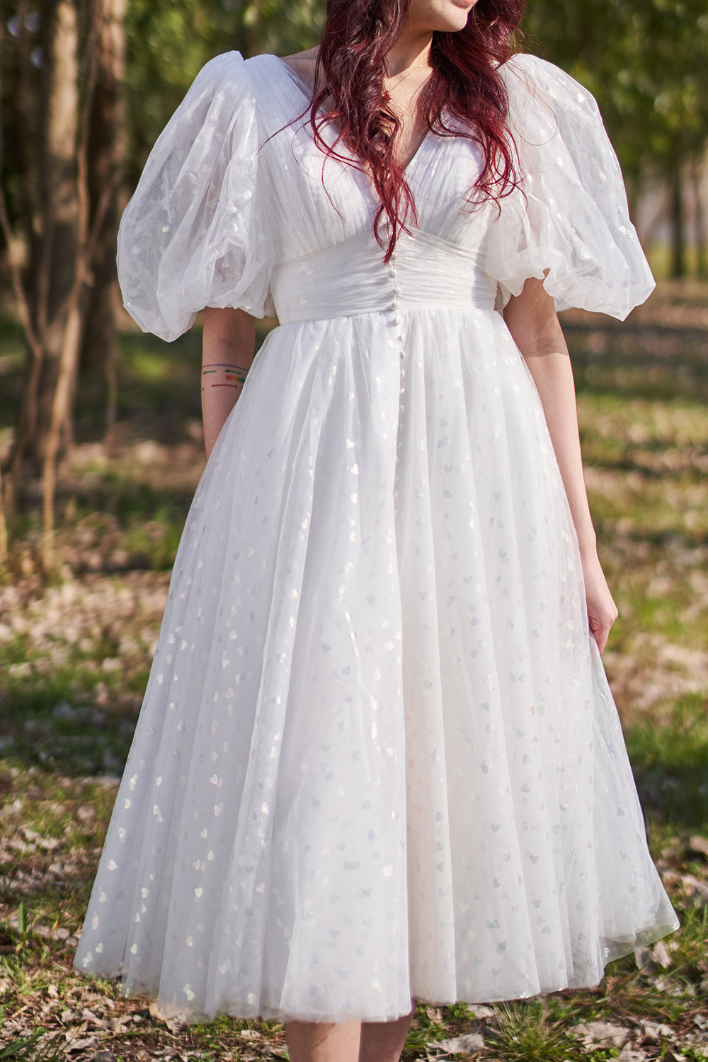 Puffärmel V-Ausschnitt Tüll Midi Ballkleid mit Schlitz