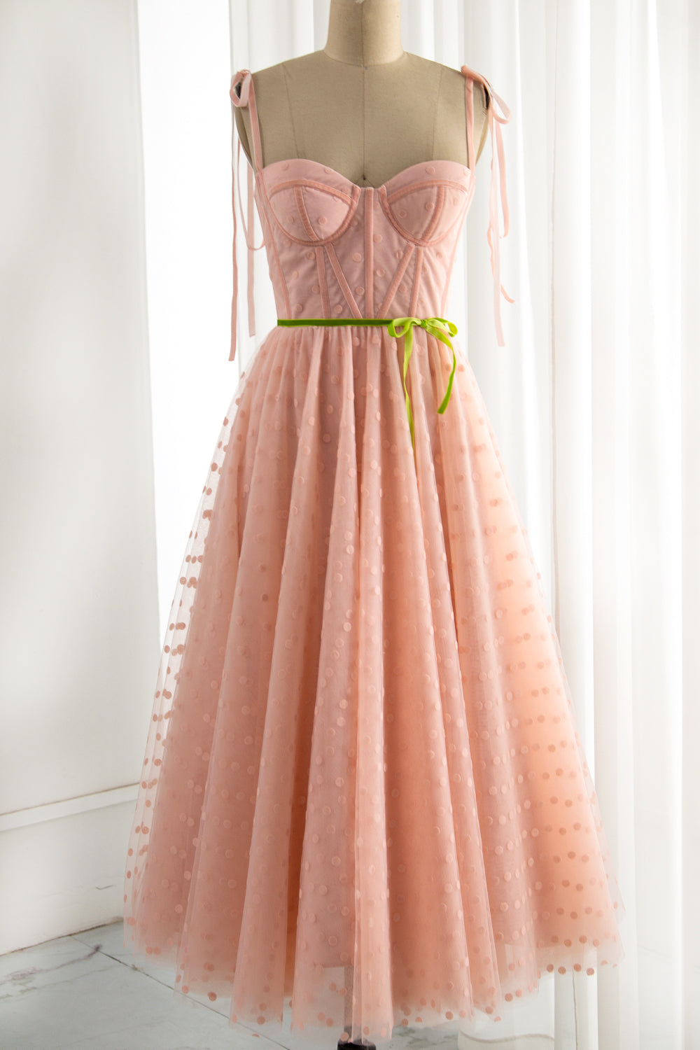 Bow Straps Corset Top Midi Blush Pink Prom Dress1
