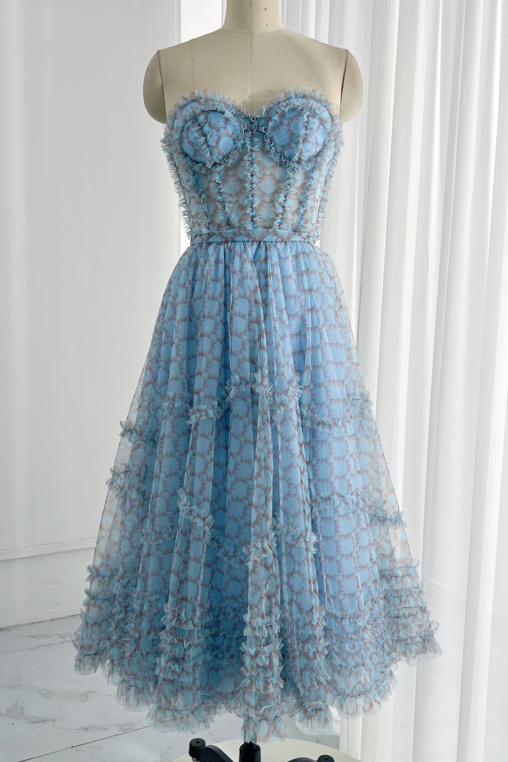 MissJophiel Strapless Print Tulle Midi Prom Dress with Lace Up Back Blue Print / Tea Length / Custom Size MissJophiel Strapless Print Tulle Midi Prom Dress with Lace Up Back Blue Print / Tea Length / Custom Size